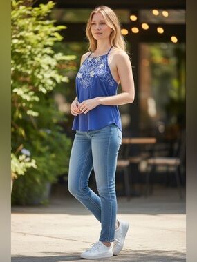 Eyeshadow Blue and White Embroidered Tank Top